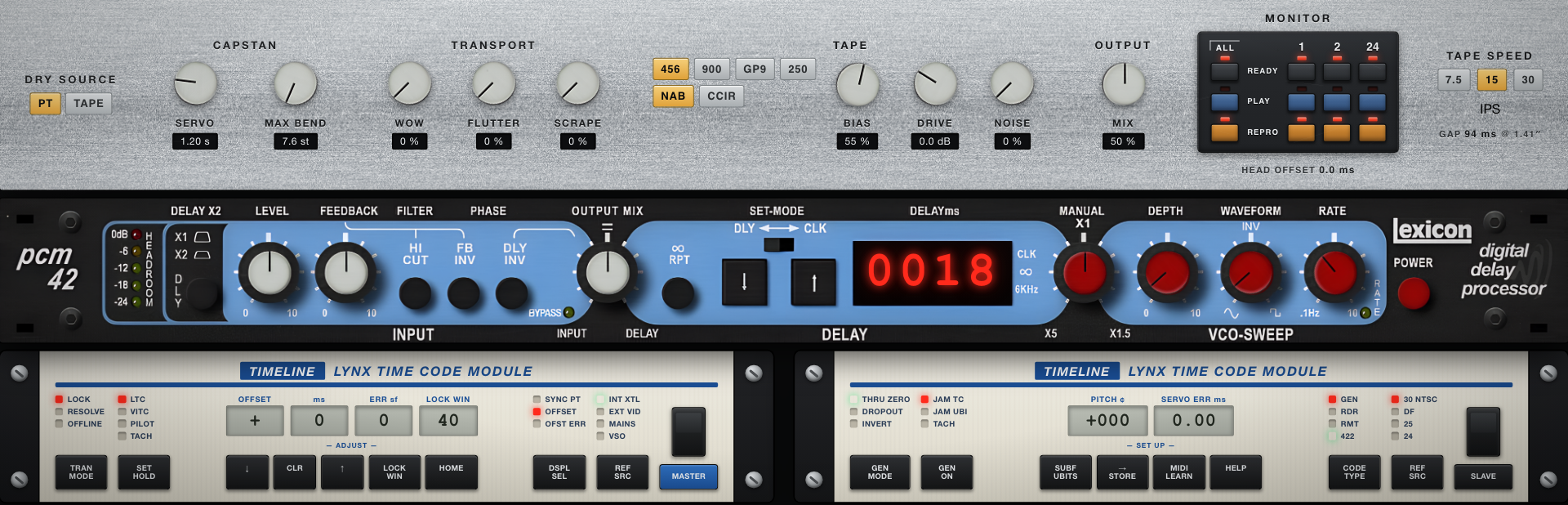 The ZEROPOINT rack: tape machine controls on top, a Lexicon PCM 42 delay in the middle, and two TimeLine Lynx timecode modules below